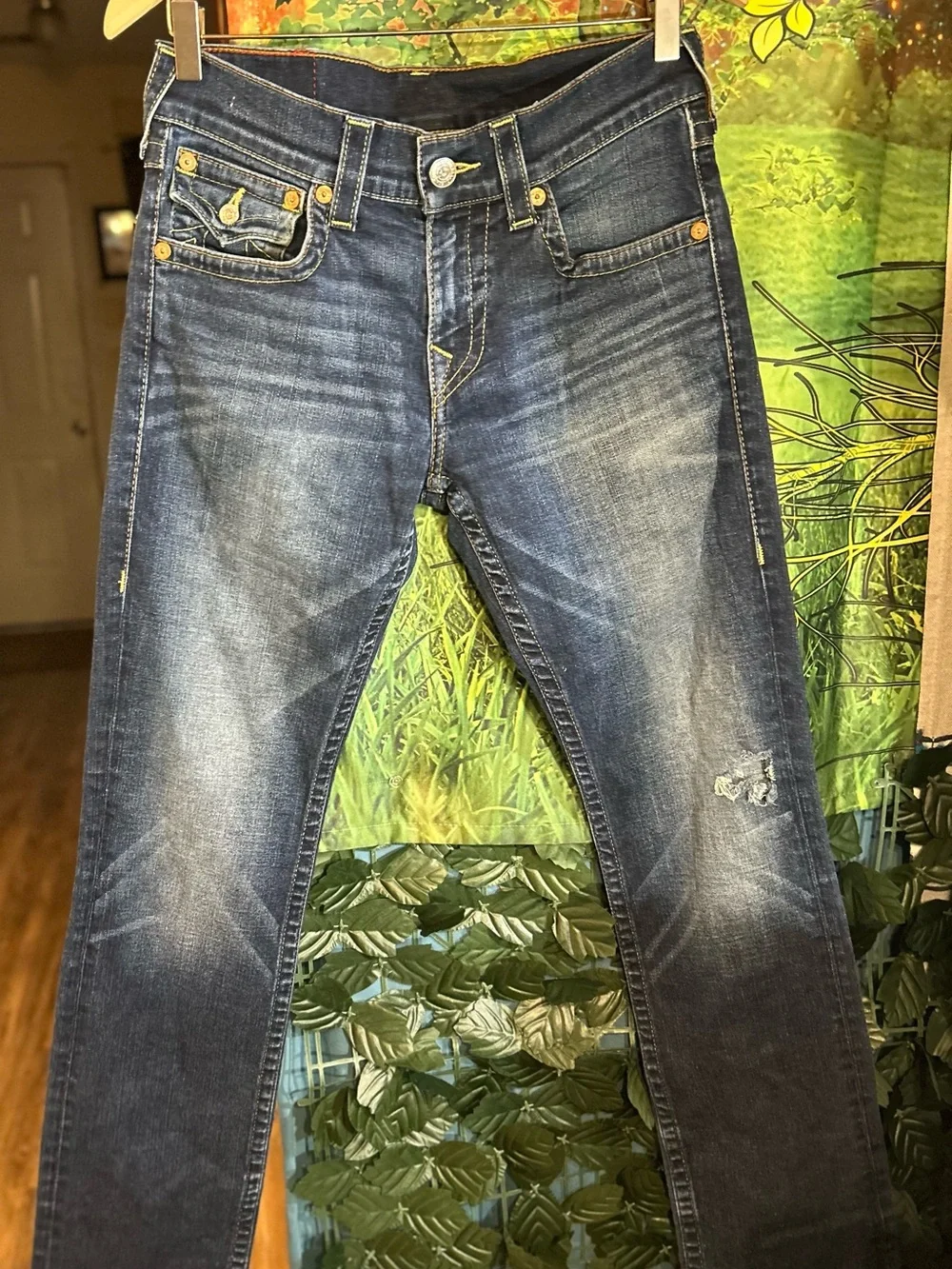 True Religion Indigo Blue Straight Jeans with Yellow Stitching